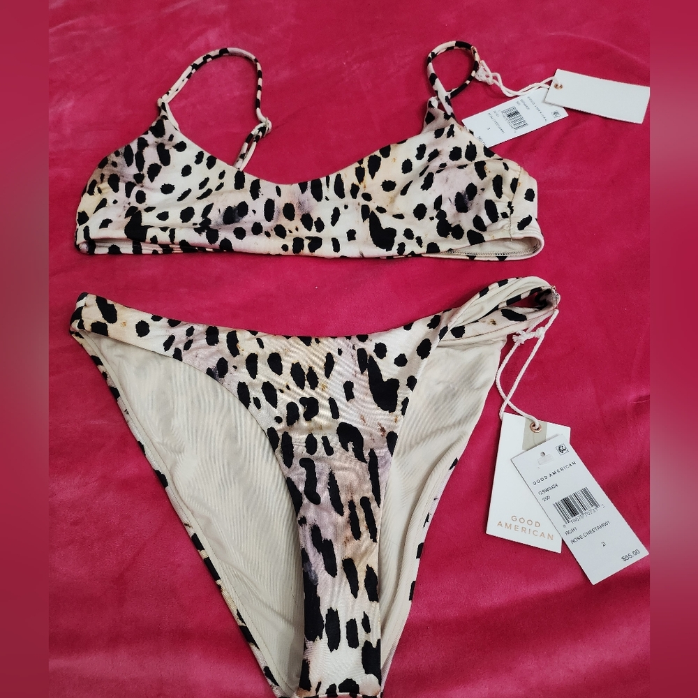 Good American Satin Better Bikini in Rose Cheetah